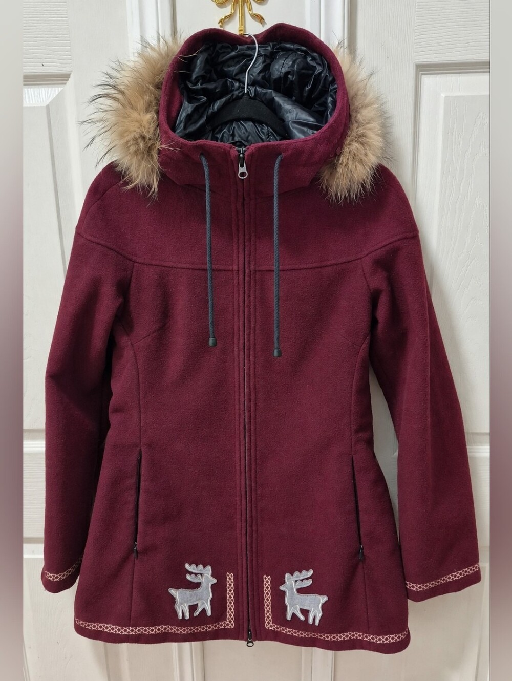 Koko & Gaston  Burgundy Real Fur Trim Hooded Coat M - Fur Type Unknown